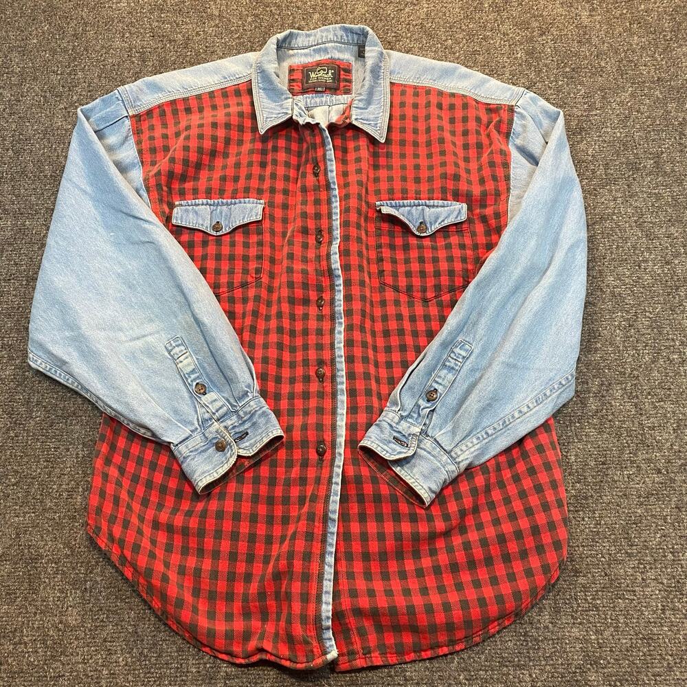 Woolrich Womens XL Red Plaid 100% Cotton Long Sleeve Button Down Jean Shirt Top